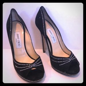 Jimmy Chip Black Suede Heels with Silver Sequins